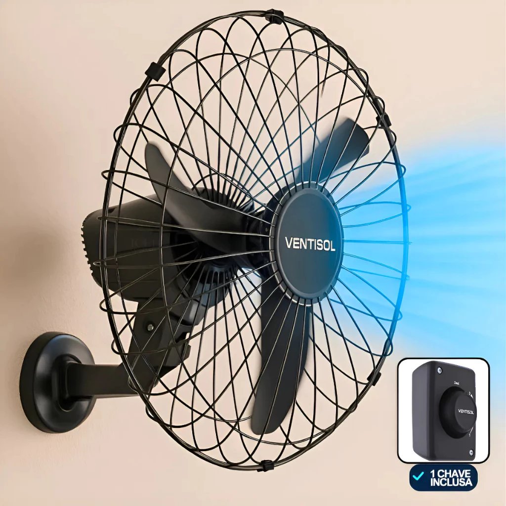 VENTILADOR VENTISOL Super Potente 60cm Ventisol Ventilador de Parede Oscilante, 3 Pás Premium, Preto, 60cm, 220V