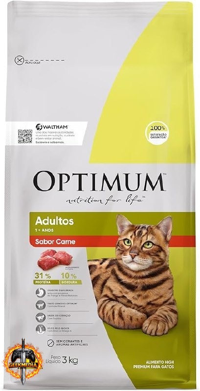 Ração Optimum para Gatos Adultos Sabor Carne 3kg