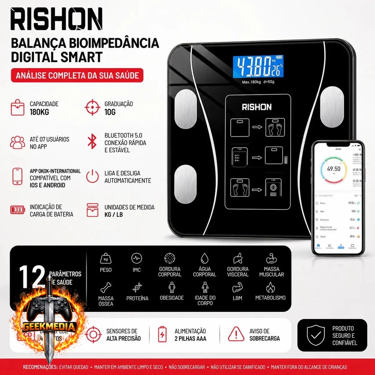 Balança Bioimpedancia Digital 180kg Smart Imc Profissional Rishon