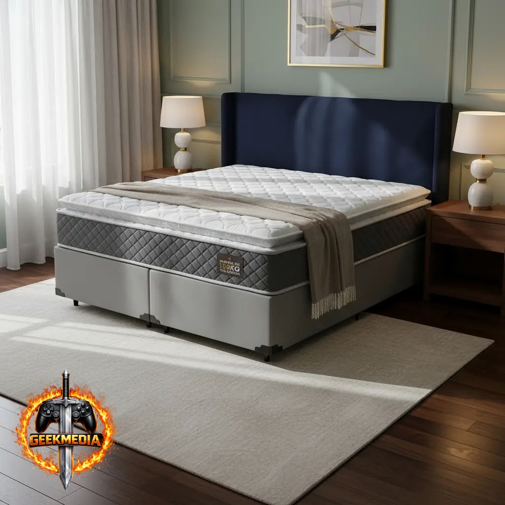 Cama Box Queen  Colchão Espuma D45 Pillow Top - Cinza