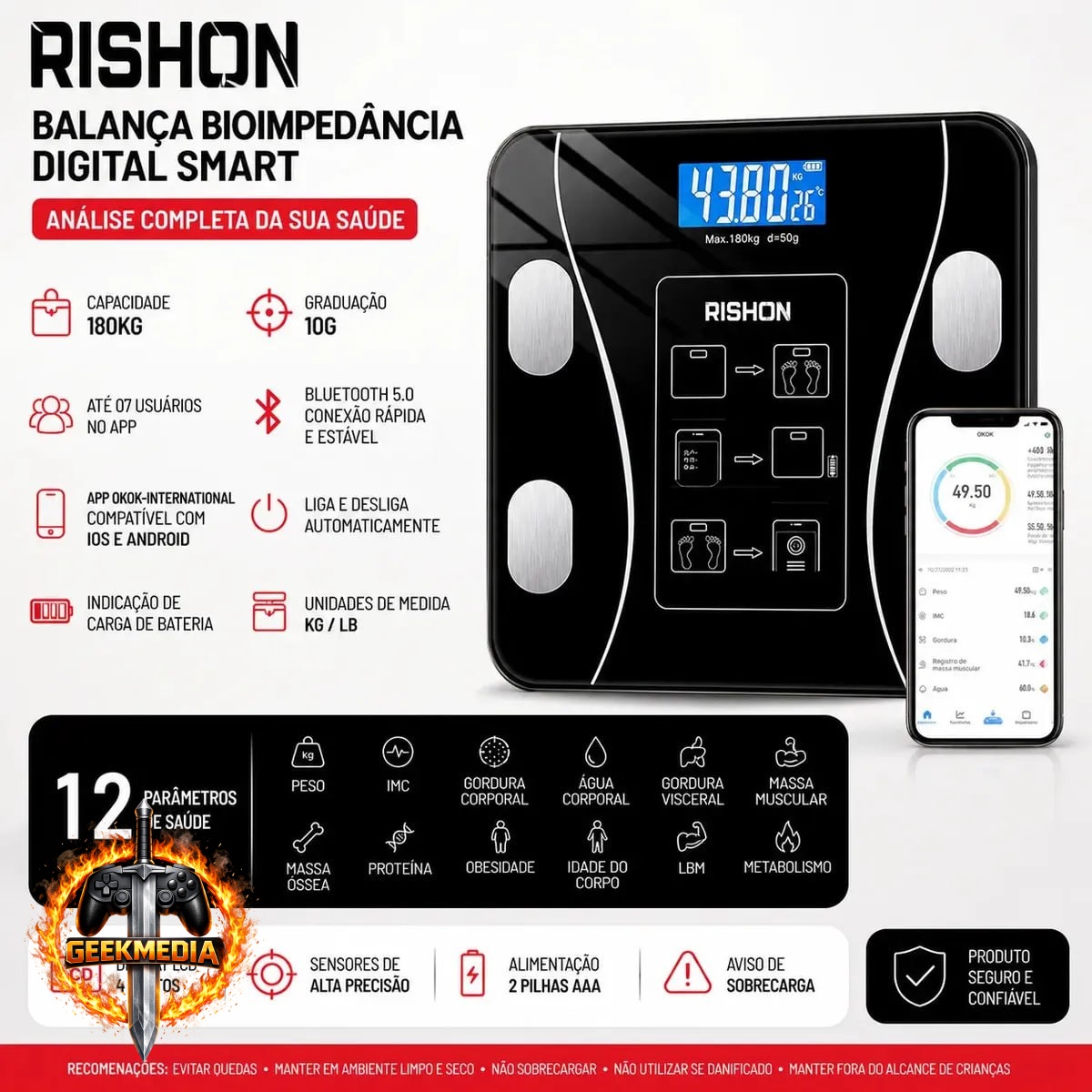 Balança Bioimpedância Digital Rishon 180kg Smart