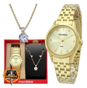 Mondaine Kit Relógio Feminino Dourado com Colar e Brincos