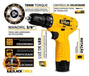 Parafusadeira Furadeira The Black Tools TB12A 3/8 a Bateria Amarelo